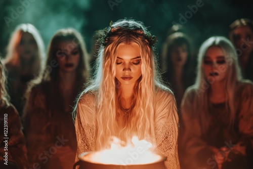 A gothic-inspired scene of a coven of witches collaborating around a glowing cauldron, their faces illuminated by eerie green and purple light as they chant together photo