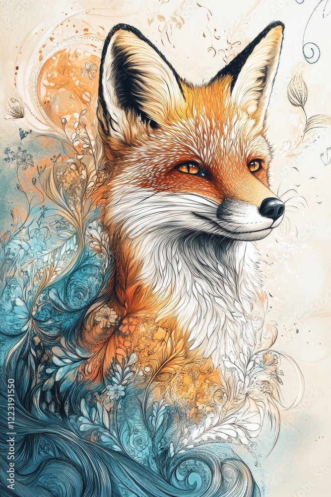 Obraz premium Fox illustration blends vibrant colors with intricate patterns,