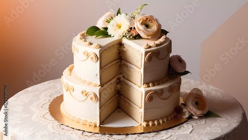 A beautifully decorated multi-tiered cake sits atop a elegant lace tablecloth, adorned with fresh flowers and delicate sugarwork, its moist and fluffy texture revealed through a slight slice taken  photo