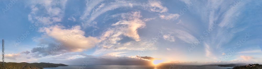 custom made wallpaper toronto digitalPanoramic Sunset Over Ocean and Hills With Dramatic Cloud Formations