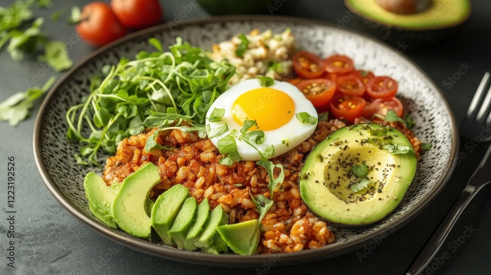 Healthy avocado and egg breakfast bowl with tomatoes and greens Healthy avocado and egg breakfast bowl with tomatoes and greens