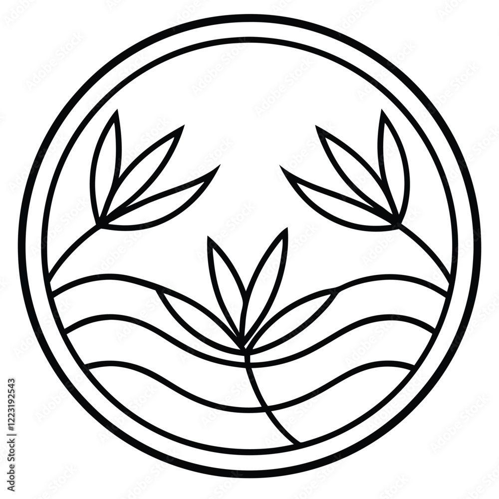 A minimalistic circular logo with a bold outline and intricate inner patterns, emphasizing simplicity and sophistication in line art form.