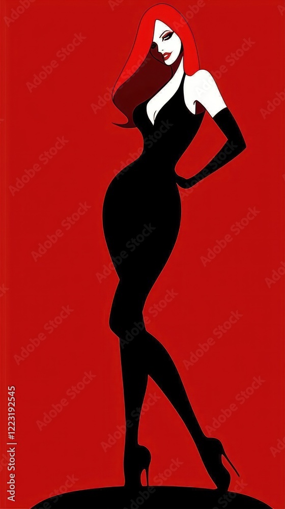Redhead woman, black dress, elegant pose, red background, fashion illustration Redhead woman, black dress, elegant pose, red background, fashion illustration