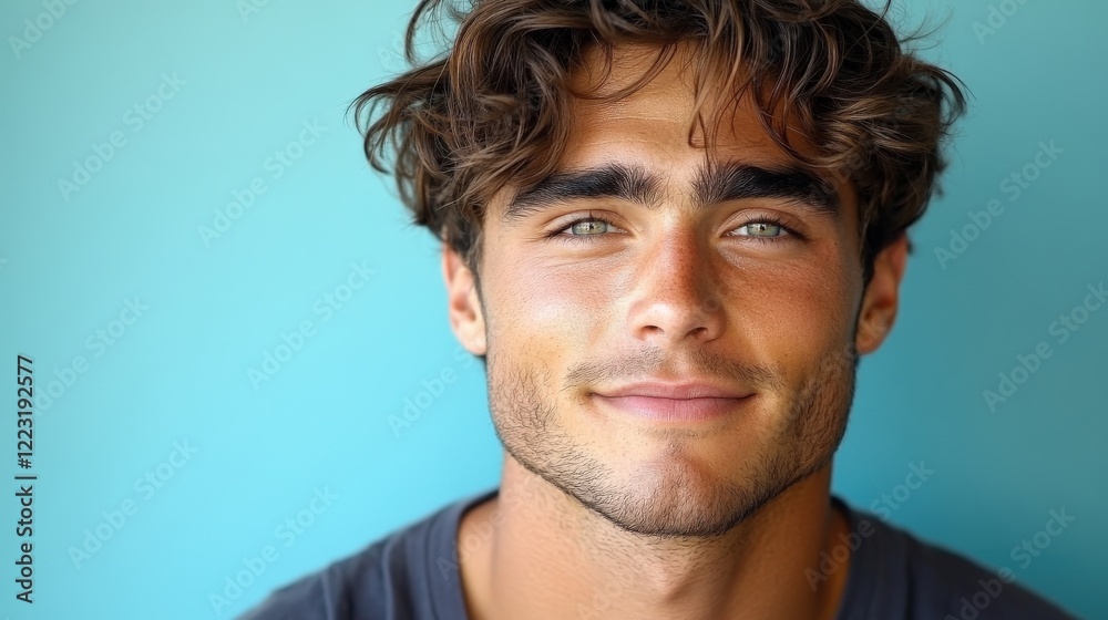 Fototapeta premium Young man with curly hair smiling against a vibrant blue background, exuding confidence and warmth