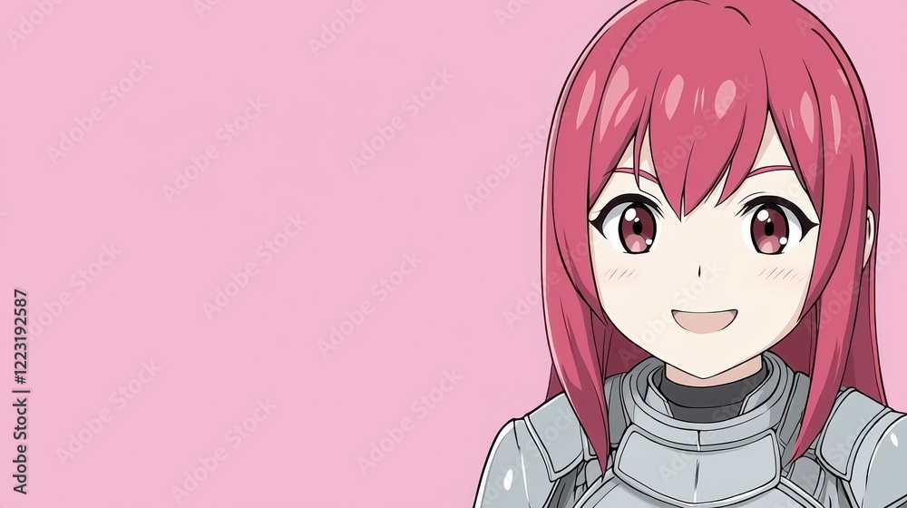 Smiling anime girl, knight armor, pink background, website banner Smiling anime girl, knight armor, pink background, website banner