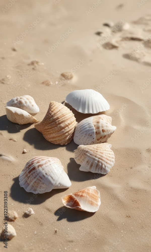 Close-up of delicate seashells on sandy beach, treasures, closeup, nature Close-up of delicate seashells on sandy beach, treasures, closeup, nature