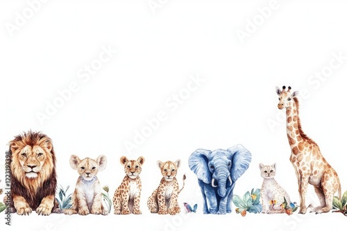 Colorful watercolor illustration of various African animals in a playful line-up on a white background