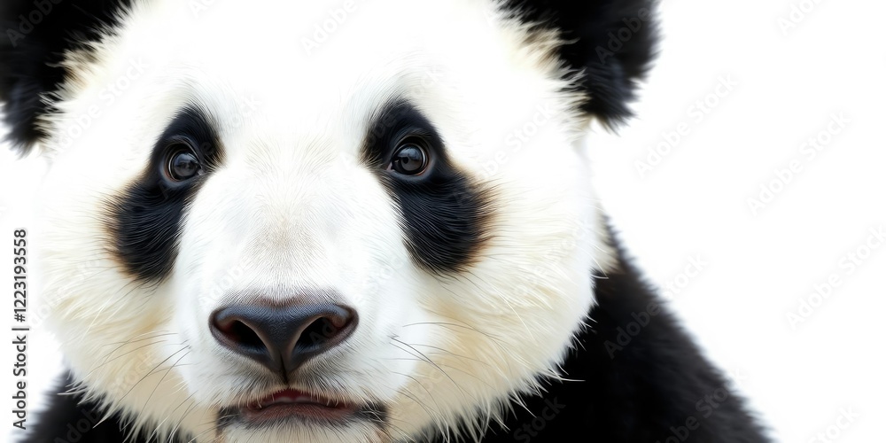 Close-up of giant panda's face on white background, nose, facial features Close-up of giant panda's face on white background, nose, facial features