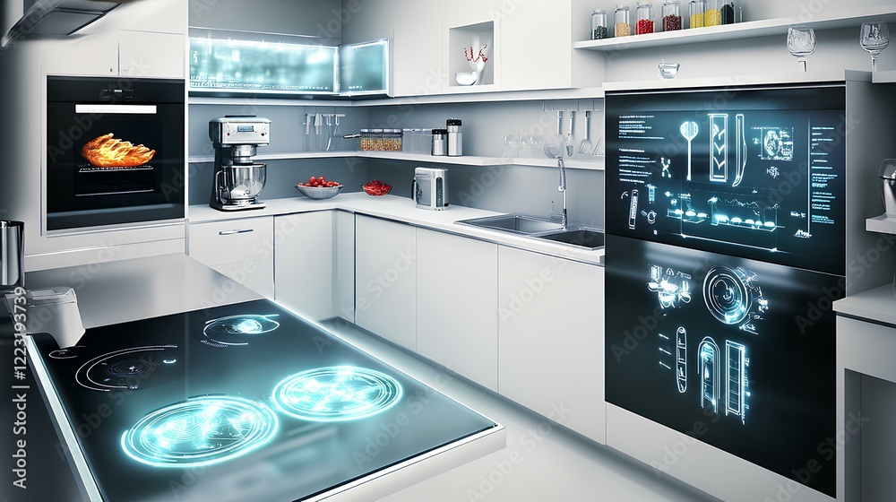 Editorial style image of a high-tech automated kitchen using AI-powered cooking assistants Editorial style image of a high-tech automated kitchen using AI-powered cooking assistants