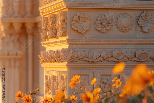 Intricate stone carvings adorn a column, bathed in the warm glow of sunset, with vibrant orange flowers in the foreground. photo