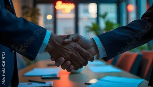 Close-up of two hands shaking in agreement, blurred modern office background, documents in view, no faces visible, charming seamless color gradient transition, adorable and professional