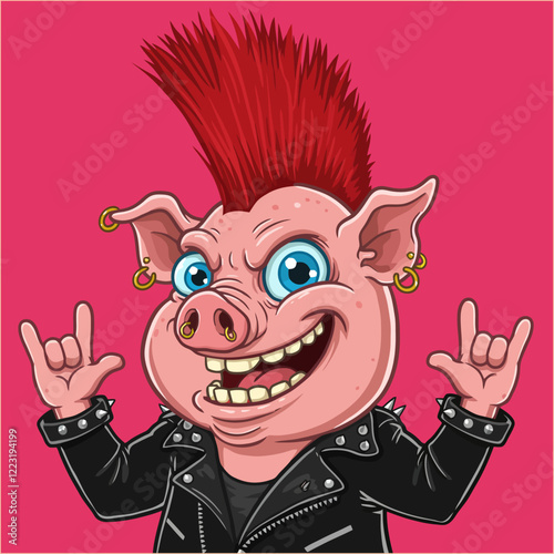 A mischievous pig rocks out in a studded leather jacket, sporting a bold red mohawk and playful hand gestures.  The pink background adds to the vibrant, fun mood.