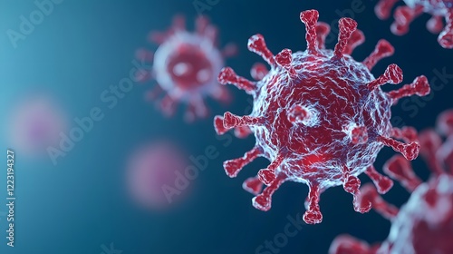 A detailed microscopic view of a virus, showcasing its structure with spikes, set against a gradient blue background.
