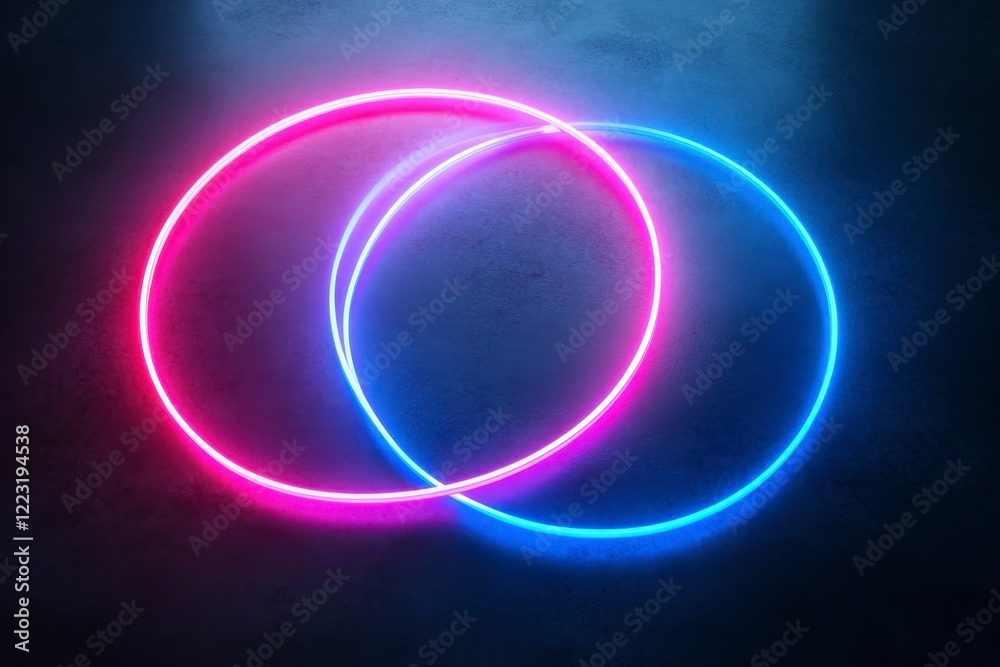 Obraz premium Neon Light Circles Over Dark Surface Creating Vibrant Visual Contrast