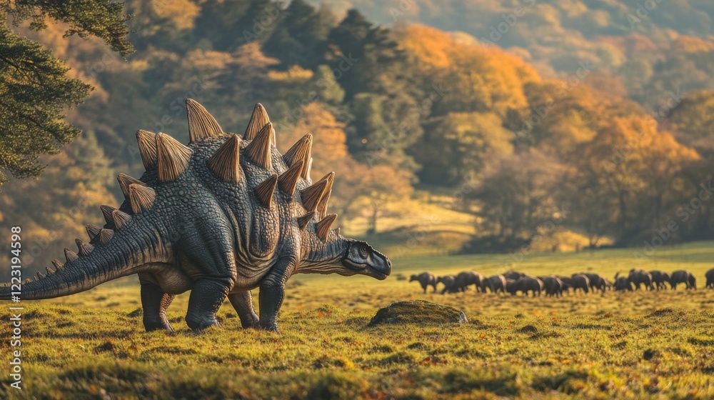 Fototapeta premium A majestic stegosaurus stands in a vibrant valley. This ancient creature surveys the herd in the background. Nature and dinosaurs create a stunning scene. Generative AI