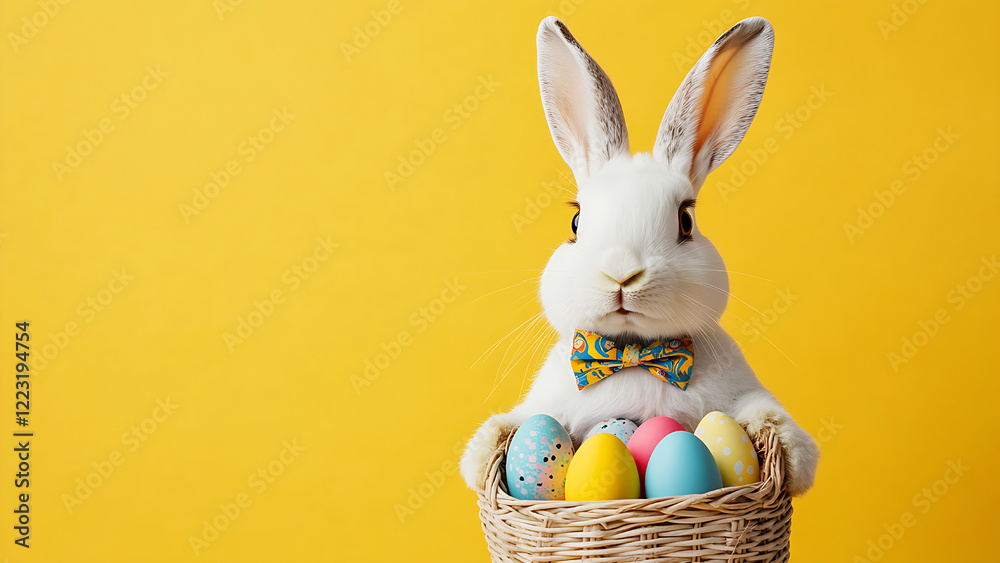 Fototapeta premium A bunny with a bow tie holds a basket of colorful Easter eggs.
