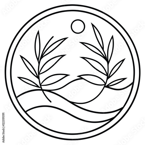 A minimalistic circular logo with a bold outline and intricate inner patterns, emphasizing simplicity and sophistication in line art form.