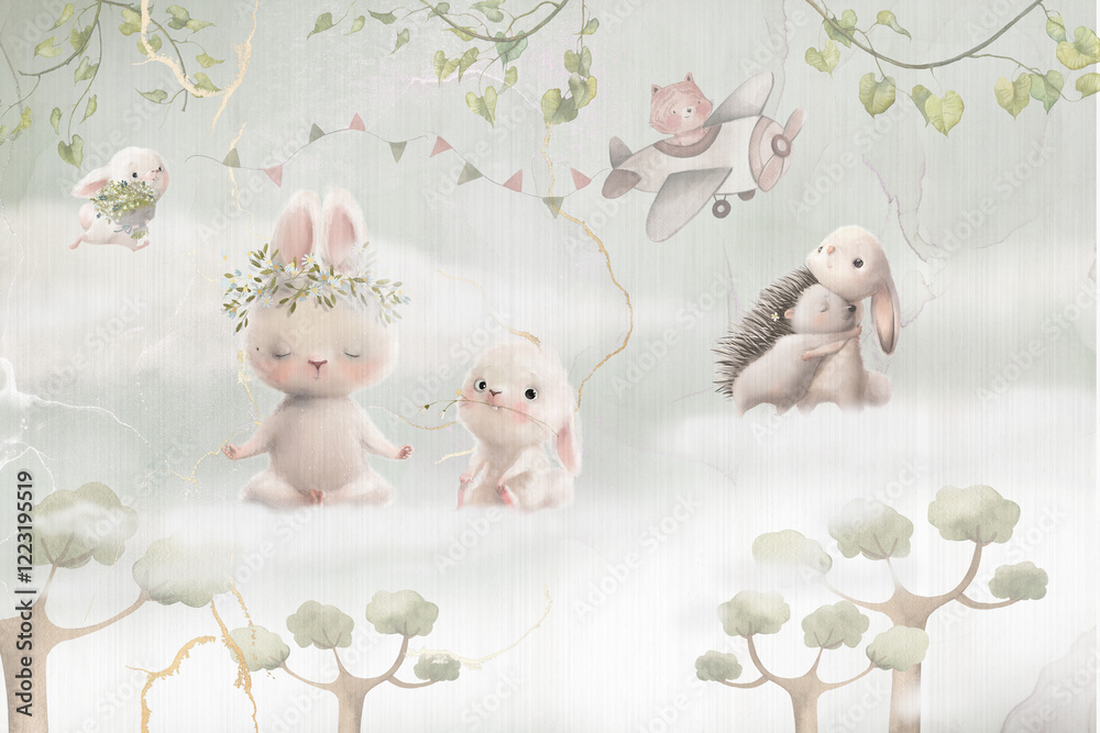 Fototapeta Cute animals in the clouds - watercolour illustration. Can be used as invitation card for wedding, birthday and wallpaper for kids background.