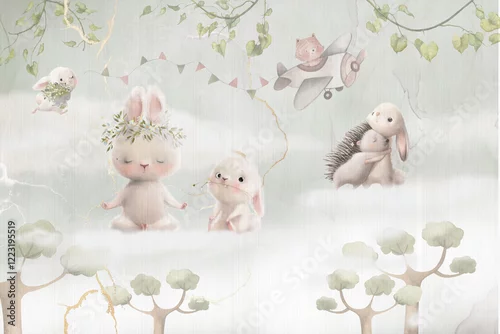Fototapeta Cute animals in the clouds - watercolour illustration. Can be used as invitation card for wedding, birthday and wallpaper for kids background.