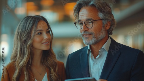 Professional colleagues engaging in a discussion in a modern office setting with warm lighting