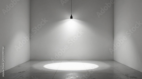 A single hanging light illuminates a minimalist empty room with a concrete floor, creating a dramatic spotlight effect on the center