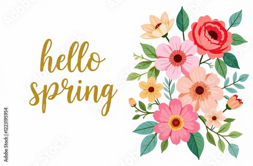 The inscription Hello spring, around spring flowers of pastel colors, white background.