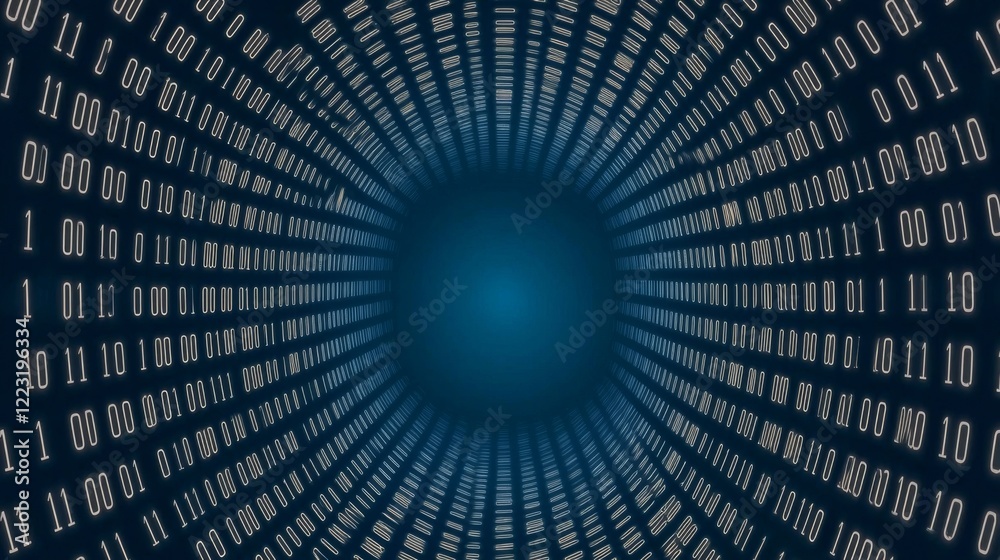 A digital representation of binary code in a tunnel-like perspective, emphasizing technology and data flow in a dark blue background.