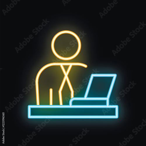 Neon sign of a businessman working at his desk on his laptop, depicting overtime work or late night shifts