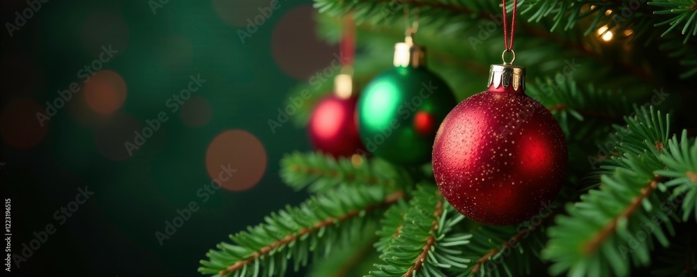 Fototapeta premium Red and green Christmas ball garland on fir branch, festive, fir, green