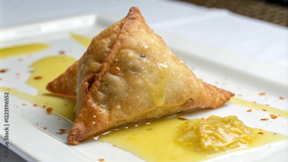 Close-up shot of keema samosa with melted butter on a white surface, ground beef, fried keema samosa Close-up shot of keema samosa with melted butter on a white surface, ground beef, fried keema samosa