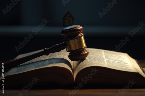 Gavel on open book with house image, representing real estate law.