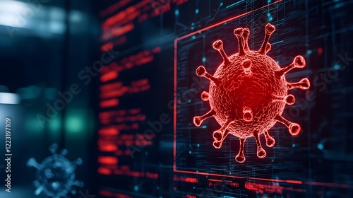 A digital representation of a virus, depicted in red against a dark background, showcasing its structure amidst a data display.