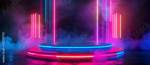 3d illustration rendering of gamer technology futuristic cyberpunk sci-fi display podium, gaming scifi stage pedestal abstract background