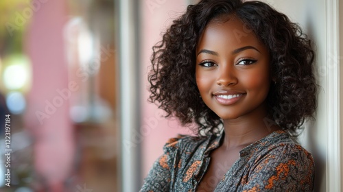Smiling young woman with curly hair in a patterned shirt, standing by a window with a vibrant background