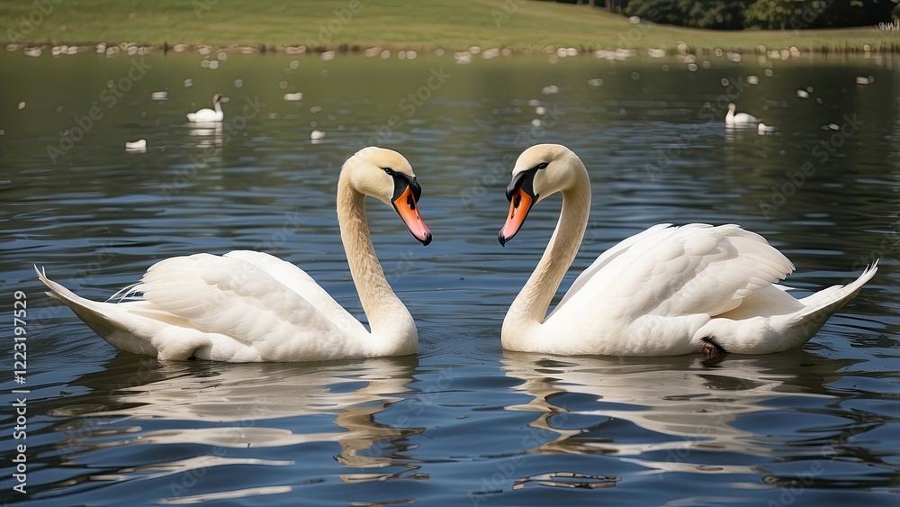 Obraz premium Three cygnets swim in a shallow, greenish pond surrounded by tall grasses.