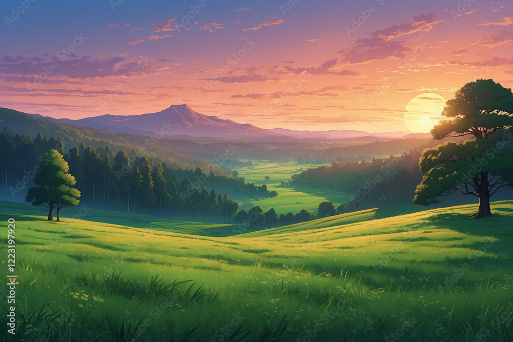 Naklejka premium Anime-style vast green valley, tall trees glowing in soft sunset light, mist floating above the grass