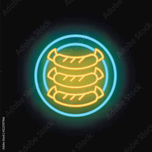 Neon sign of three delicious sausages on a plate, glowing on a black background