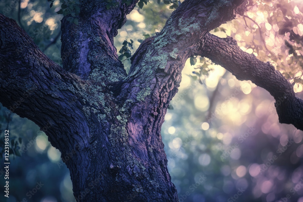 Fototapeta premium Close-up of a textured tree trunk, dappled with sunlight and lichen, in a soft-focus forest setting.