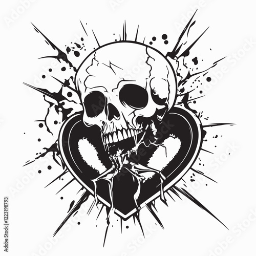 Vector Illustration of a Broken Heart Symbol with a Skull and Crushed Heart Design"