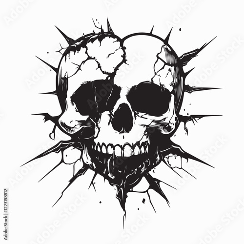 Vector Illustration of a Heart Broken with a Skull Symbol, Representing Heartache and Pain
