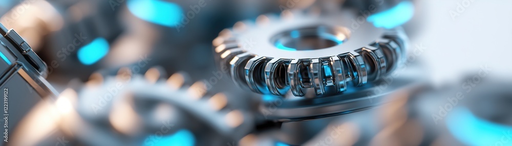 Close-up of sleek robotic parts like gears and actuators showcase intricate designs with subtle neon blue accents on a minimalist white background Close-up of sleek robotic parts like gears and actuators showcase intricate designs with subtle neon blue accents on a minimalist white background