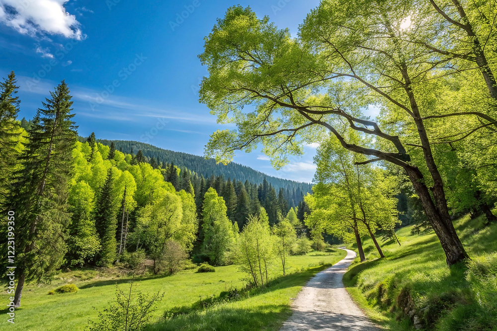 Sunny path through lush green forest, mountains in background. Sunny path through lush green forest, mountains in background.