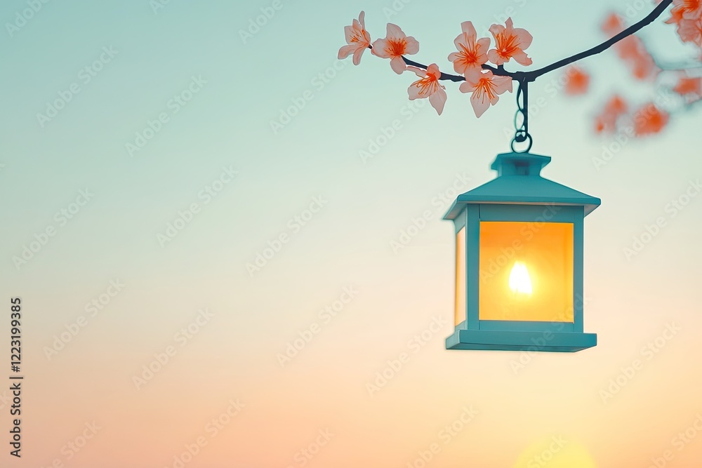 A serene lantern hanging from a branch adorned with blossoms at sunset, casting a warm glow A serene lantern hanging from a branch adorned with blossoms at sunset, casting a warm glow