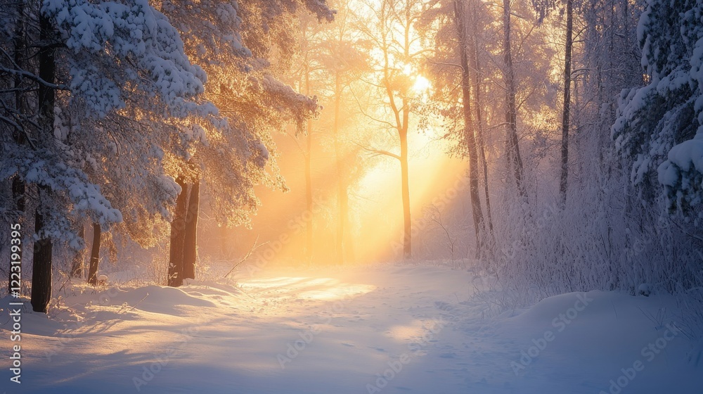 Sunlit winter forest with snow-covered trees at sunset Sunlit winter forest with snow-covered trees at sunset