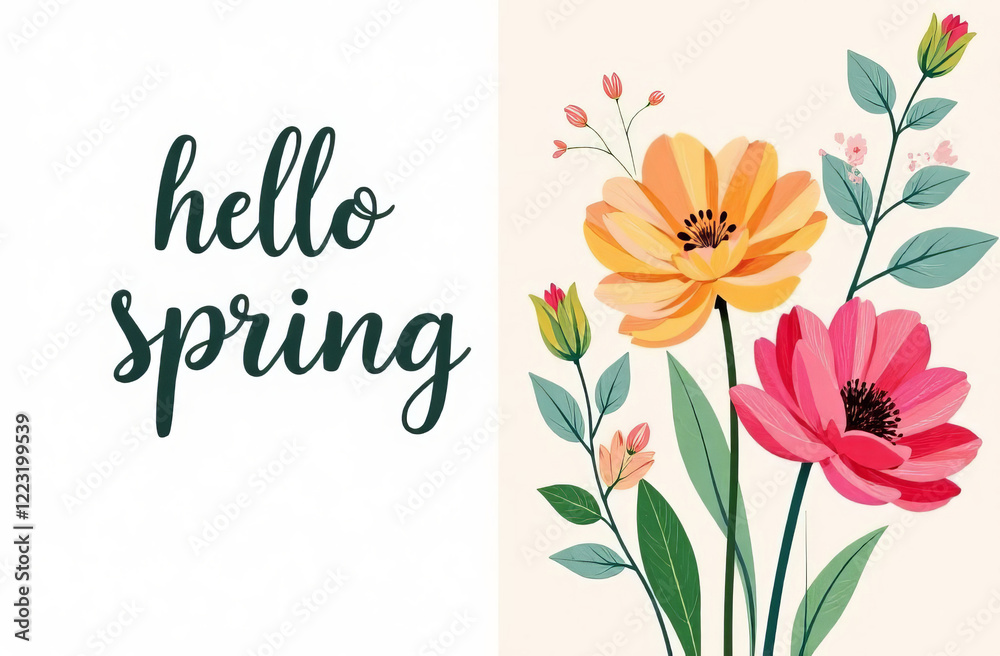 The inscription Hello spring, around spring flowers of pastel colors, white background.