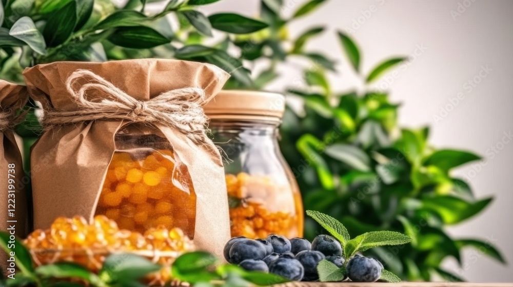Natural Ingredients in Rustic Jars Surrounded by Vibrant Green Plants and Berries Natural Ingredients in Rustic Jars Surrounded by Vibrant Green Plants and Berries
