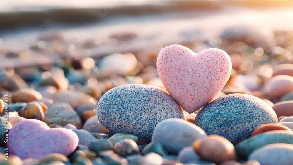 Pink valentine heart shaped rock balancing gracefully on two beach stones, with a sparkling sea and soft pastel hues creating a serene backdrop video Pink valentine heart shaped rock balancing gracefully on two beach stones, with a sparkling sea and soft pastel hues creating a serene backdrop video