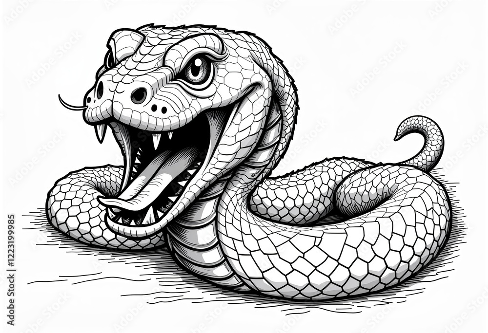 Obraz premium Line Drawing Cobra, Ferocious, Sketch Style, Mouth Open, Fangs, Tongue Out, Tattoo Art, Girls Tattoo Design, Minimalist, Reptile Vector, Isolated. 