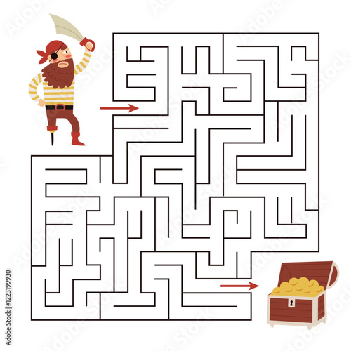 Pirate maze, labyrinth, game for kids .Help the pirate find the way to the treasure.Vector flat cartoon illustration