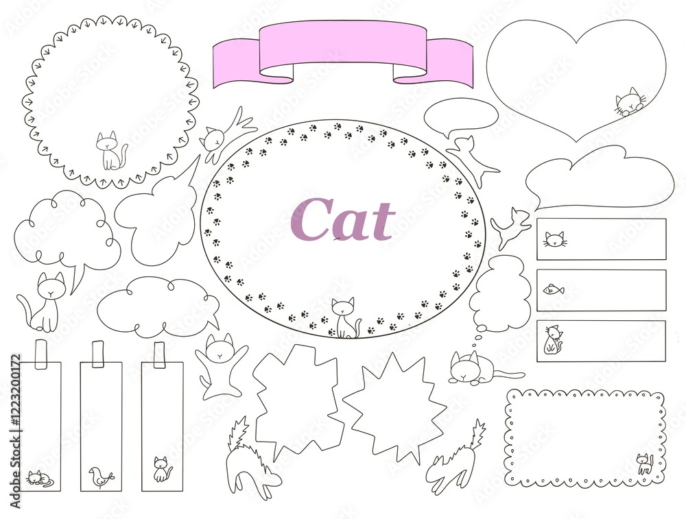 Obraz premium ネコの手描きフレームと吹き出しのセット